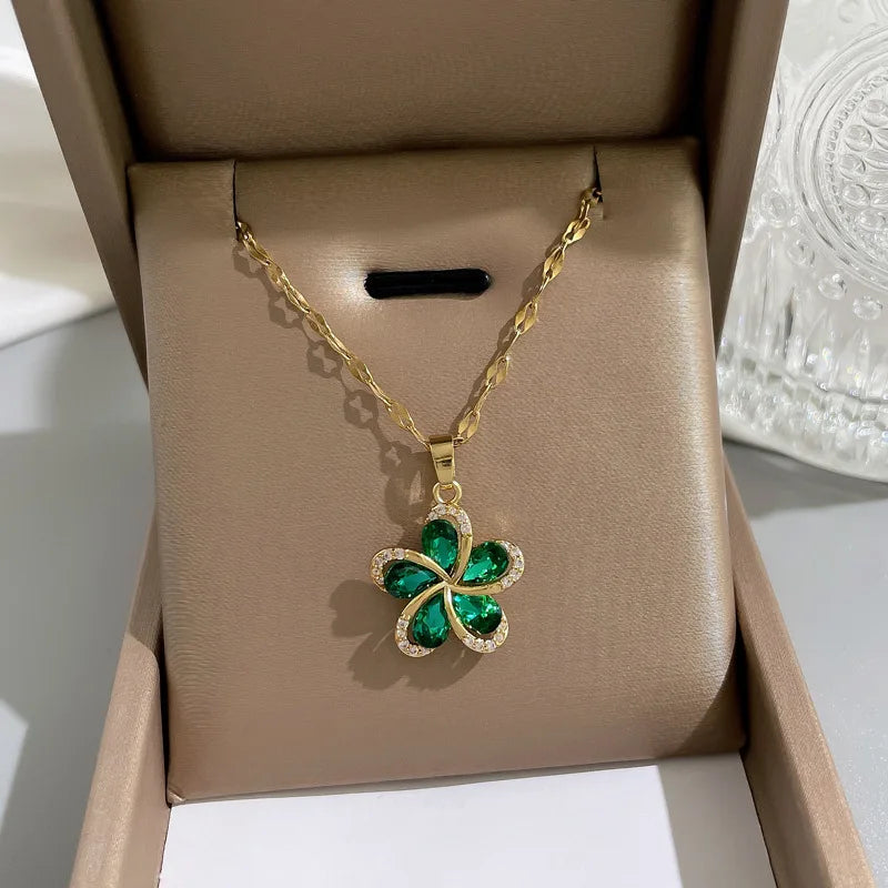 Stainless Steel Green Zircon Flowers Pendant Necklace for Women New Luxury Girls Lucky Chain Birthday Jewelry Gifts