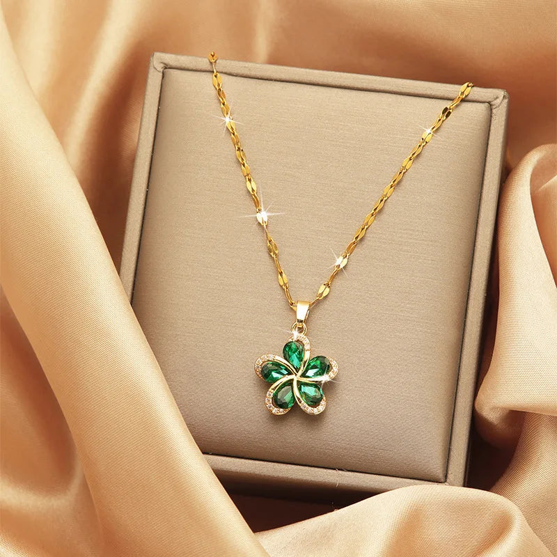 Stainless Steel Green Zircon Flowers Pendant Necklace for Women New Luxury Girls Lucky Chain Birthday Jewelry Gifts