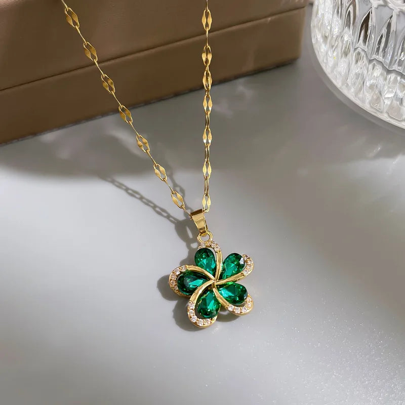 Stainless Steel Green Zircon Flowers Pendant Necklace for Women New Luxury Girls Lucky Chain Birthday Jewelry Gifts